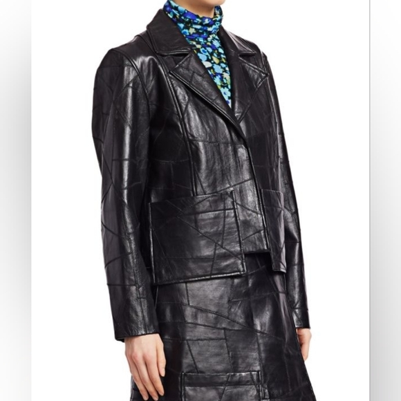 Ganni Patch Leather Jacket Sz 42/ US Sz 10 Black Snap Closure Front Pockets Nwot - Picture 4 of 7